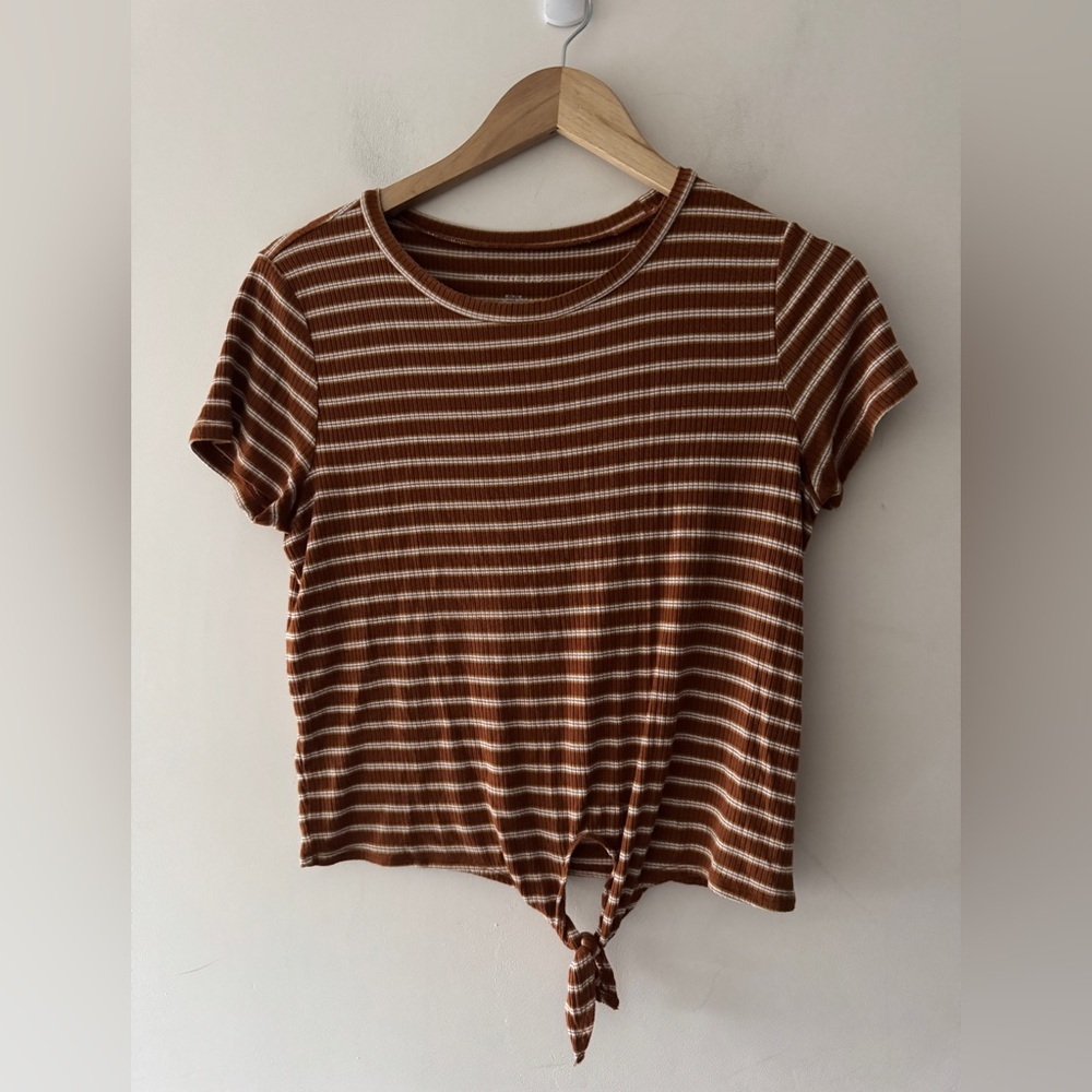 American Eagle Brown and White Striped Tie Front Top